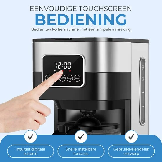 NovaWare Koffiezetapparaat Filterkoffie - 1.5L – Met Glazen Kan & Herbruikbaar Filter - Koffiemachines - Display – 12 Kopj...