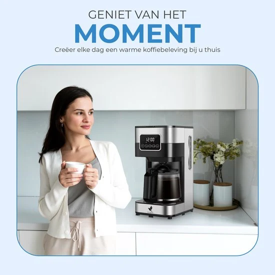 NovaWare Koffiezetapparaat Filterkoffie - 1.5L – Met Glazen Kan & Herbruikbaar Filter - Koffiemachines - Display – 12 Kopj...