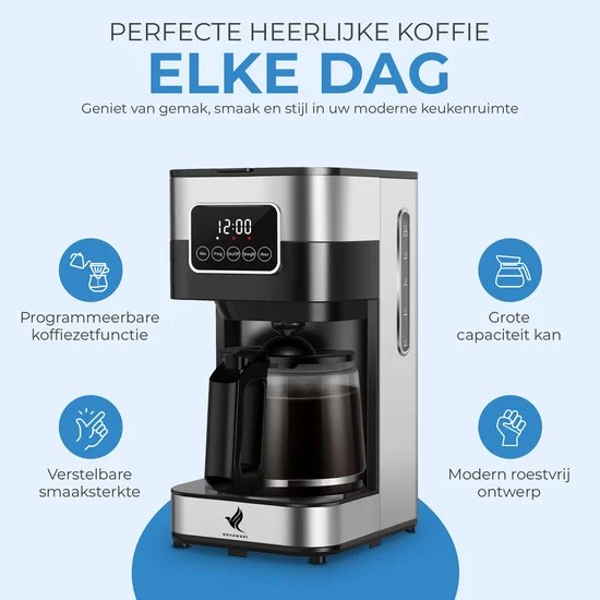 NovaWare Koffiezetapparaat Filterkoffie - 1.5L – Met Glazen Kan & Herbruikbaar Filter - Koffiemachines - Display – 12 Kopj...