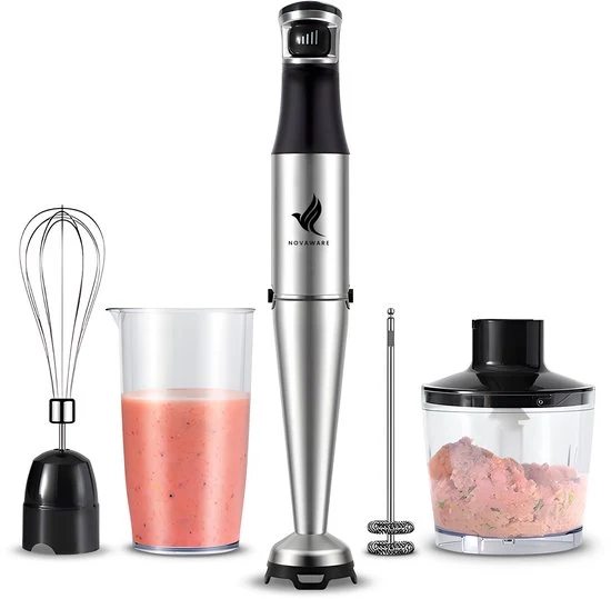 NovaWare Staafmixer Set 6--1 – 1100W - Met Hakmolen, Garde, Melkopschuimer & Maatbeker – RVS