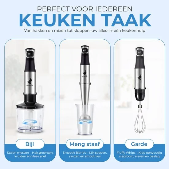 NovaWare Staafmixer Set 6--1 – 1100W - Met Hakmolen, Garde, Melkopschuimer & Maatbeker – RVS