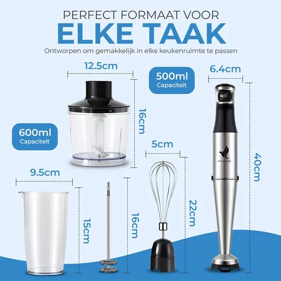 NovaWare Staafmixer Set 6--1 – 1100W - Met Hakmolen, Garde, Melkopschuimer & Maatbeker – RVS