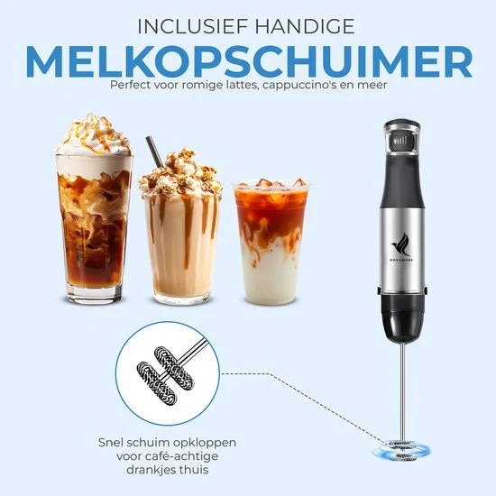 NovaWare Staafmixer Set 6--1 – 1100W - Met Hakmolen, Garde, Melkopschuimer & Maatbeker – RVS