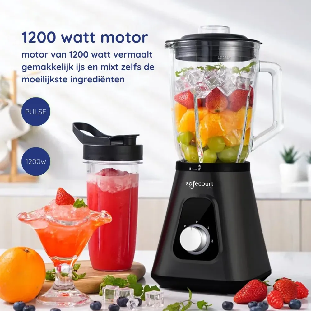 Safecourt Kitchen Blender - Smoothie maker - Krachtige 1200W - To-Go Beker - 3 Standen - Zwart