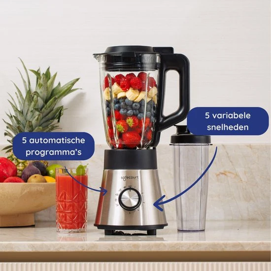 Safecourt Kitchen Power blender - 5 automatische programma's - Smoothie maker - 1300 Watt - RVS