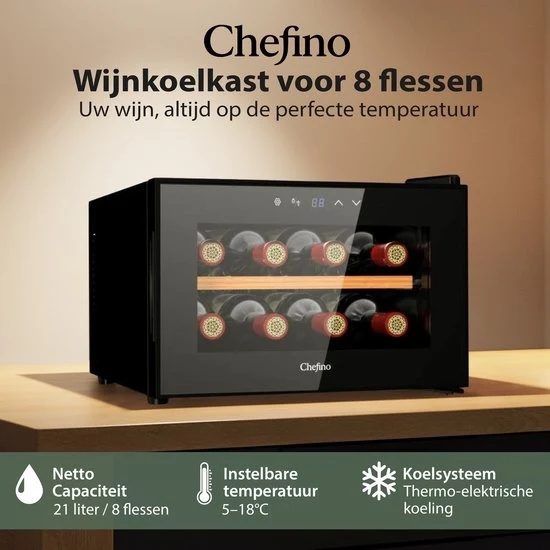 Wijnkoelkast - Wijn Klimaatkast voor 8 Flessen - Zwart - Instelbare Temperatuur van 5°C tot 18°C - Wijnkoelkast Liggend -...