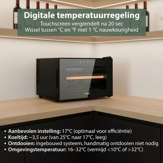 Wijnkoelkast - Wijn Klimaatkast voor 8 Flessen - Zwart - Instelbare Temperatuur van 5°C tot 18°C - Wijnkoelkast Liggend -...