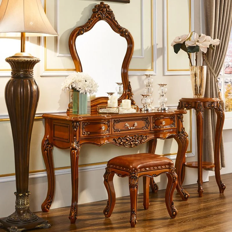 17.71" Wijd Brown Vanity Set Mirror Wood Vanity Tables 3 Storage Drawers