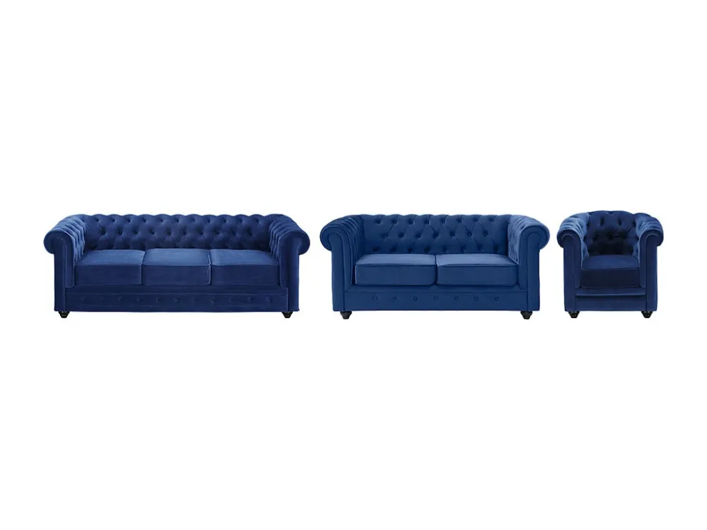 Bankstel en fauteuil CHESTERFIELD - Fluweel - Koningsblauw - Koop nu gewoon en goedkoop