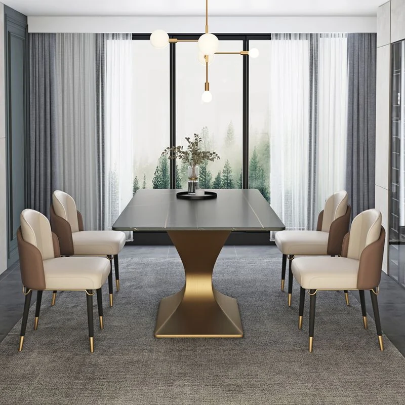 Clean Dining Room Set Sintered Stone Top and Gold Base Formal Table Set 55