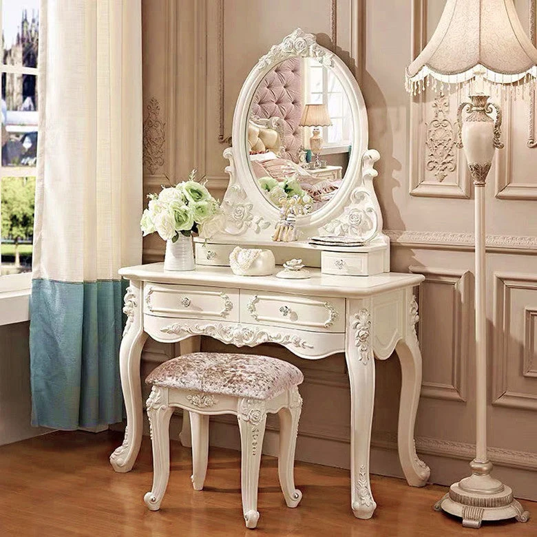 4 Drawers White/Blak/ /Golden MakeupTable Stool Set, 18.89" W x 63.77" H 31