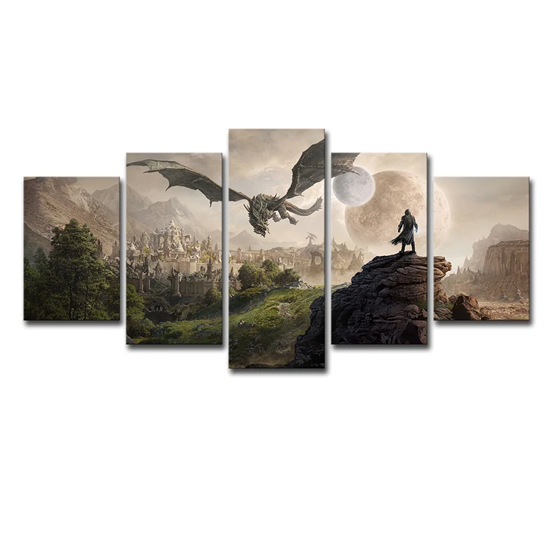 Elder Scrolls Scene Art Print Kids Style Multi-Piece Wall Decor Cappuccino Bedroom Brown