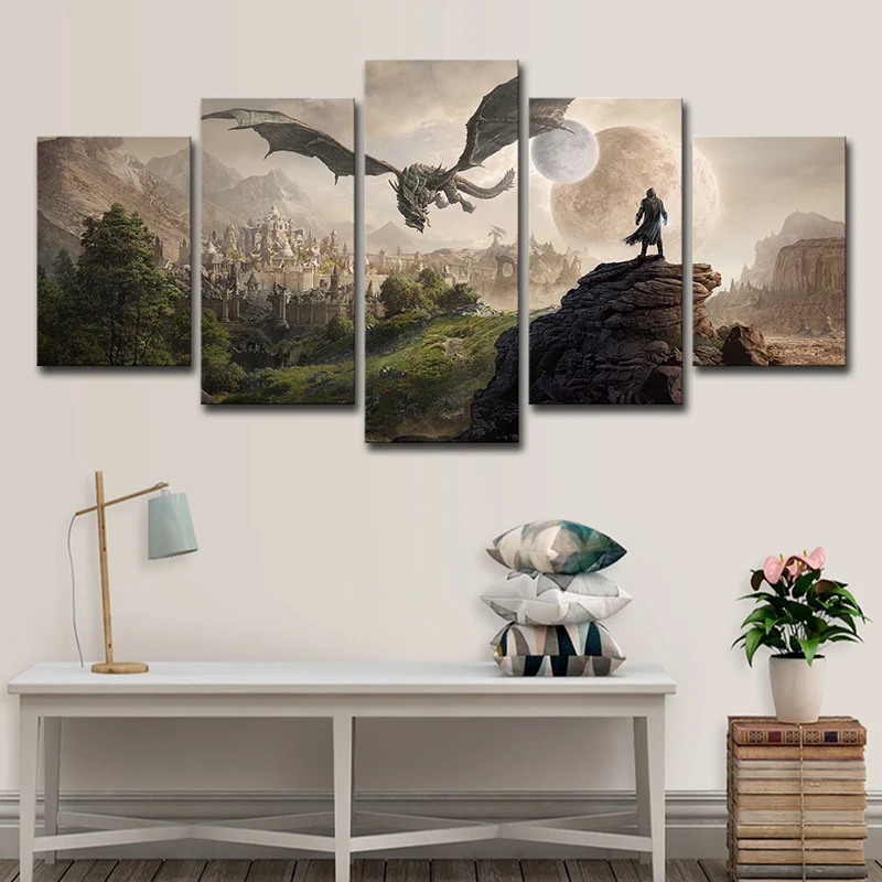 Elder Scrolls Scene Art Print Kids Style Multi-Piece Wall Decor Cappuccino Bedroom Brown