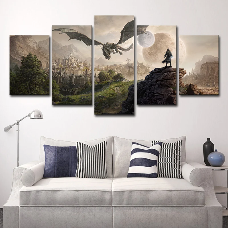 Elder Scrolls Scene Art Print Kids Style Multi-Piece Wall Decor Cappuccino Bedroom Brown