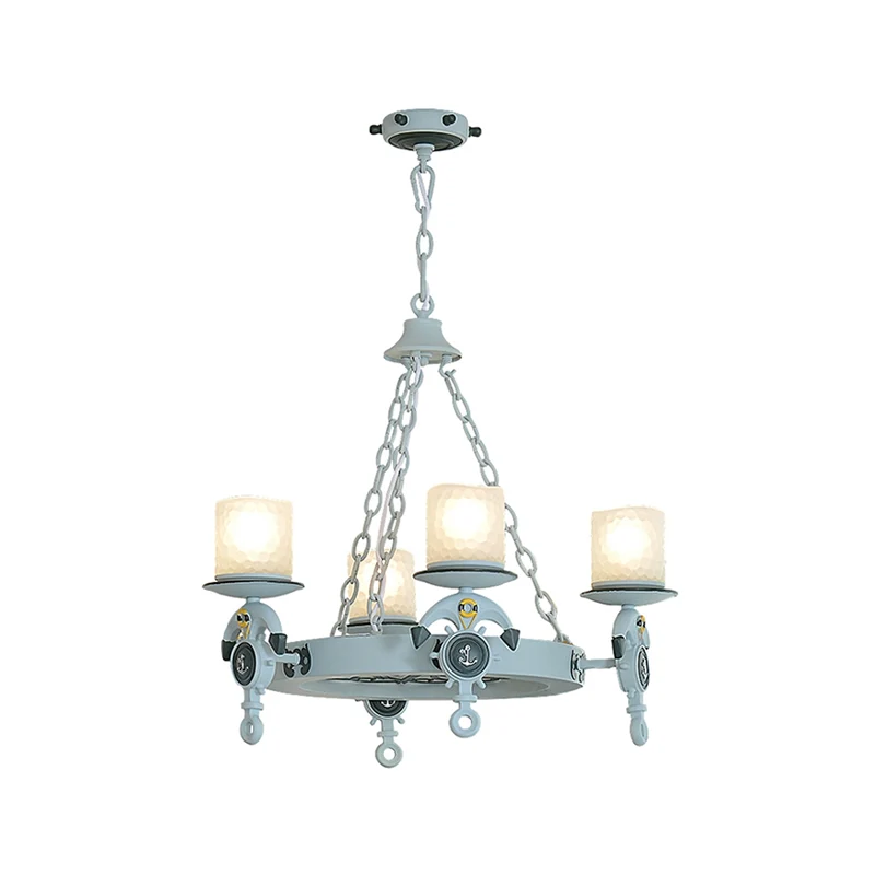 4 Heads Parlor Chandelier Light Children Blue/Brown Hanging Lamp Kit Cylinder Frosted Glazen Shade Blue