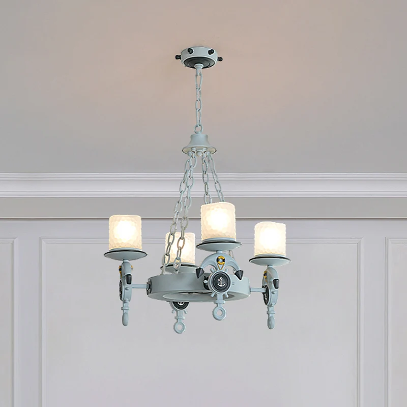 4 Heads Parlor Chandelier Light Children Blue/Brown Hanging Lamp Kit Cylinder Frosted Glazen Shade Blue