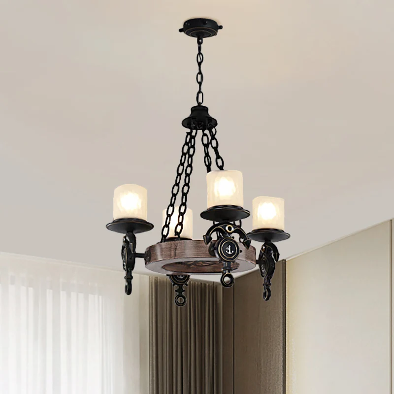 4 Heads Parlor Chandelier Light Children Blue/Brown Hanging Lamp Kit Cylinder Frosted Glazen Shade Blue
