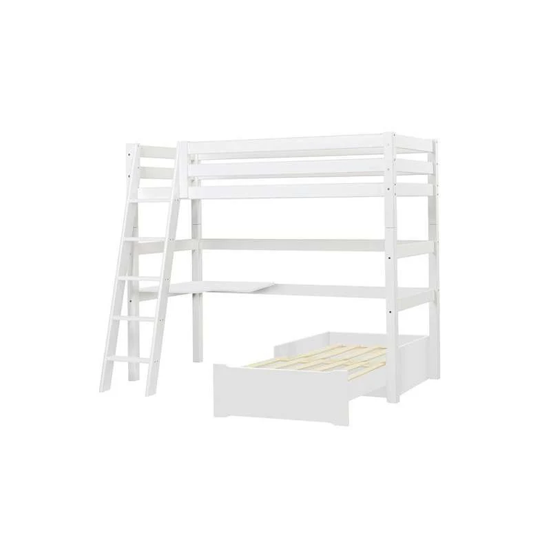 Hoppekids ECO Weelderig - MEGA Seng m. Lounge Modul og Bordplade - 90x200 cm. - Skrå Stige - Fleksibel Indlægsbund - Hvid