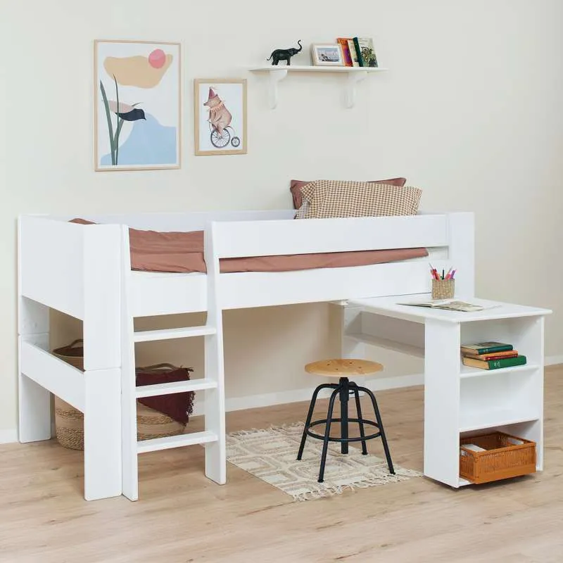 Hoppekids PUUR - Halvhøj Seng m. Skrivebord - 90x200 cm - Hvid