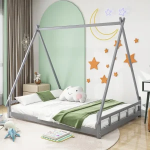 Lit cabane 140x200cm, lit enfant en bois massif avec sommier à lattes, gris