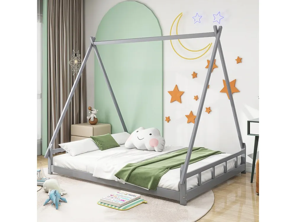 Lit cabane 140x200cm, lit enfant en bois massif avec sommier à lattes, gris