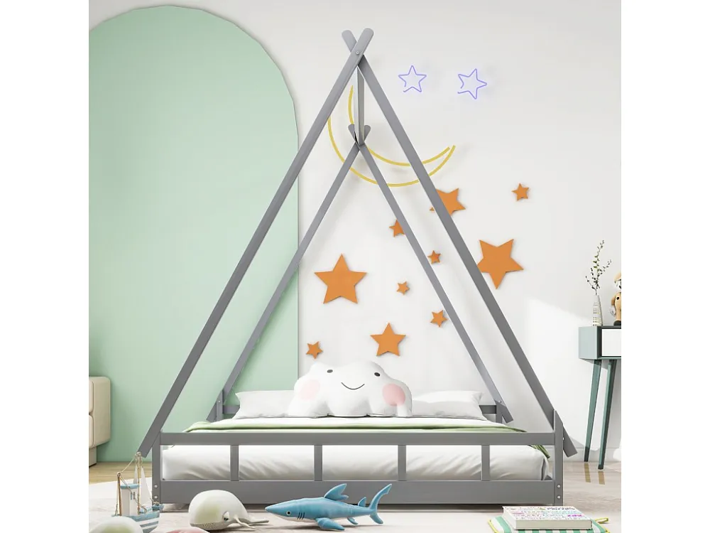 Lit cabane 140x200cm, lit enfant en bois massif avec sommier à lattes, gris