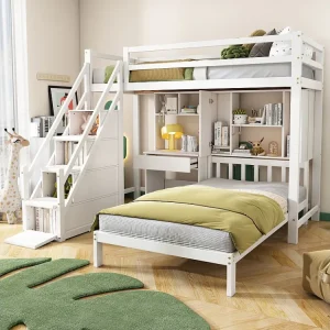 Lit superposé 90x200cm - lit enfant avec bureau et étagères, sommier à lattes et escaliers de rangement, pin - blanc