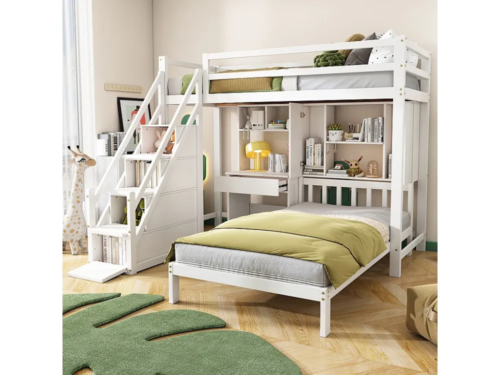 Lit superposé 90x200cm - lit enfant avec bureau et étagères, sommier à lattes et escaliers de rangement, pin - blanc