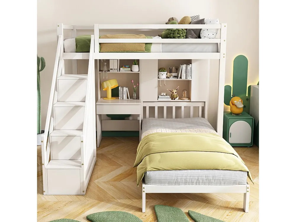 Lit superposé 90x200cm - lit enfant avec bureau et étagères, sommier à lattes et escaliers de rangement, pin - blanc