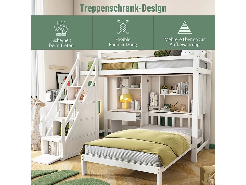 Lit superposé 90x200cm - lit enfant avec bureau et étagères, sommier à lattes et escaliers de rangement, pin - blanc