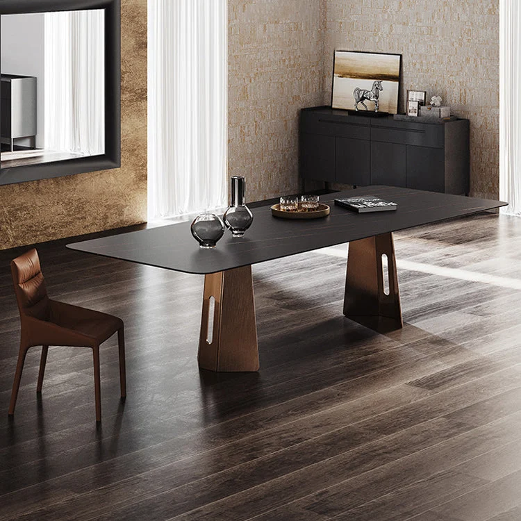 Minimalist Sintered Stone Dining Room Set Rectangle Top and Metaal Base Formal Table Set 51