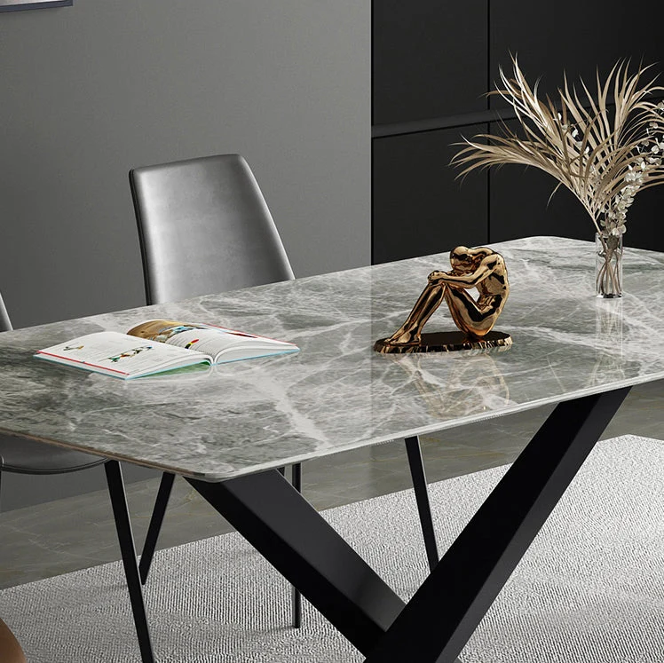 Modern Sintered Stone Gray Dining Table Set Rectangle Table and Metaal Base Formal Dining Set 51