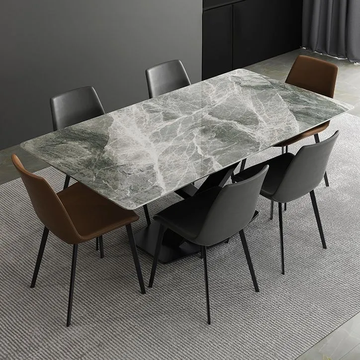 Modern Sintered Stone Gray Dining Table Set Rectangle Table and Metaal Base Formal Dining Set 51