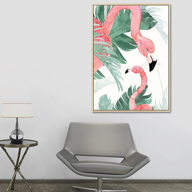 Pink-Green Kids Wall Art Flamingo and Leaves Print Canvas Sitting Room, Geweven Pink