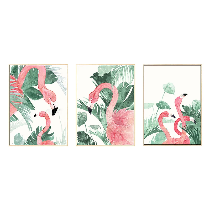 Pink-Green Kids Wall Art Flamingo and Leaves Print Canvas Sitting Room, Geweven Pink