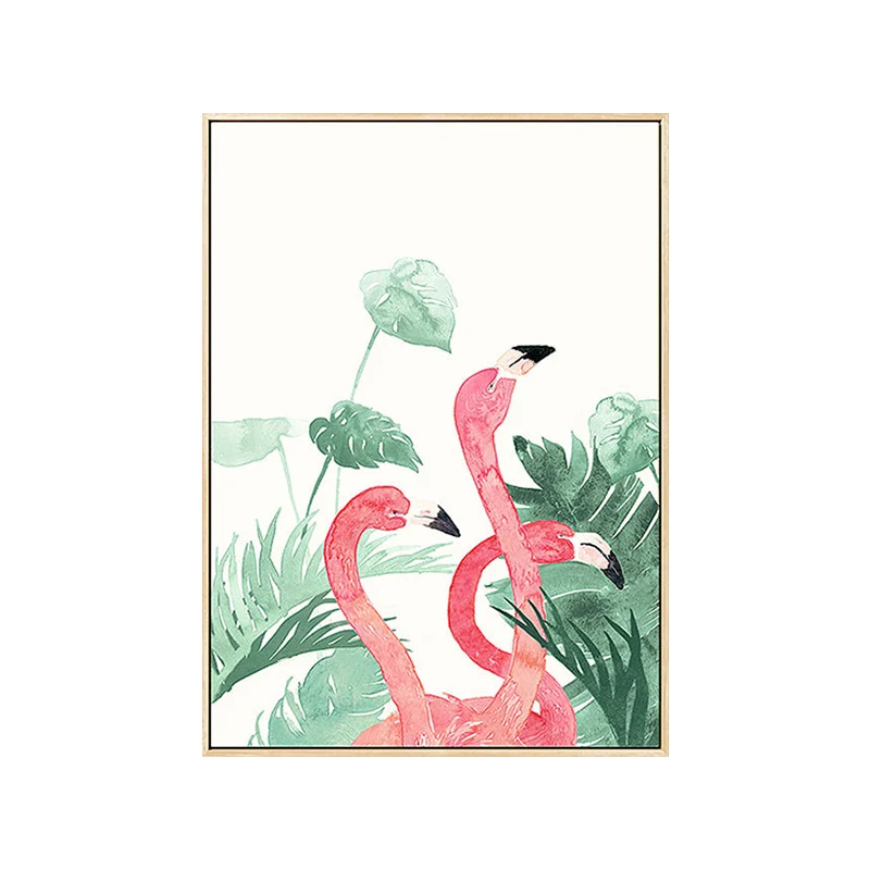 Pink-Green Kids Wall Art Flamingo and Leaves Print Canvas Sitting Room, Geweven Pink