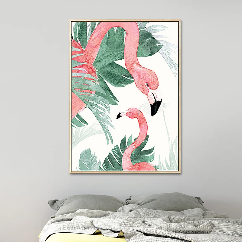 Pink-Green Kids Wall Art Flamingo and Leaves Print Canvasdoek Sitting Room, Textured Pink