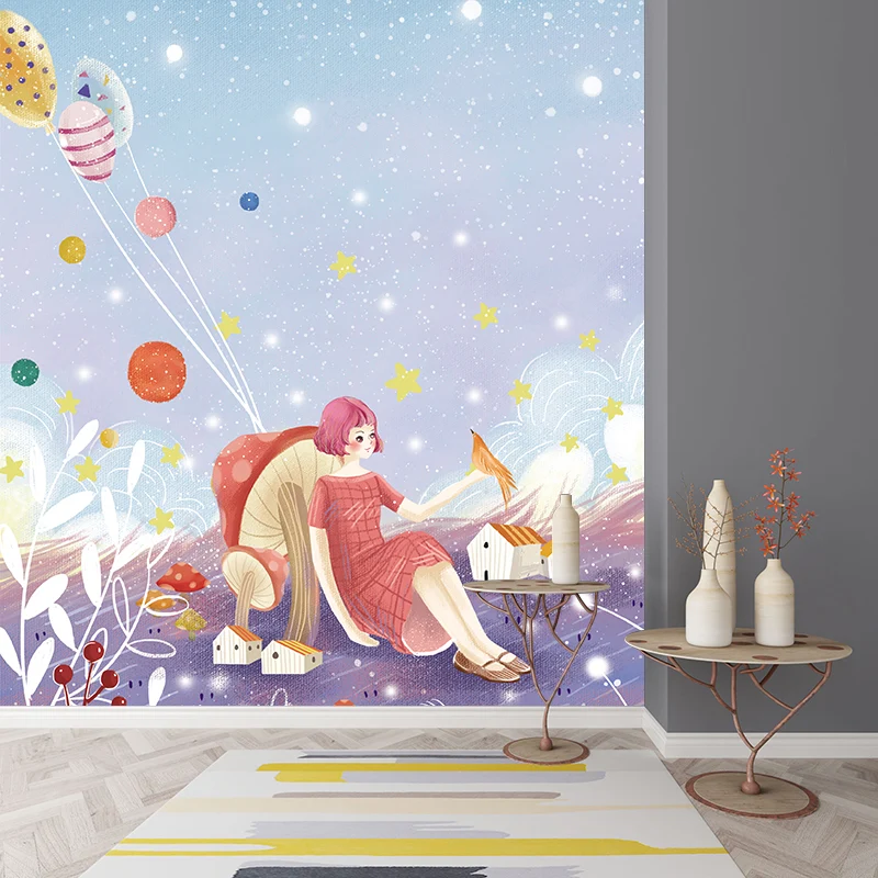 Whole Kids Style Mural Wallpaper Purple-Blue Girl Sit Against Mushroom Wall Art, Optional Size Purplish