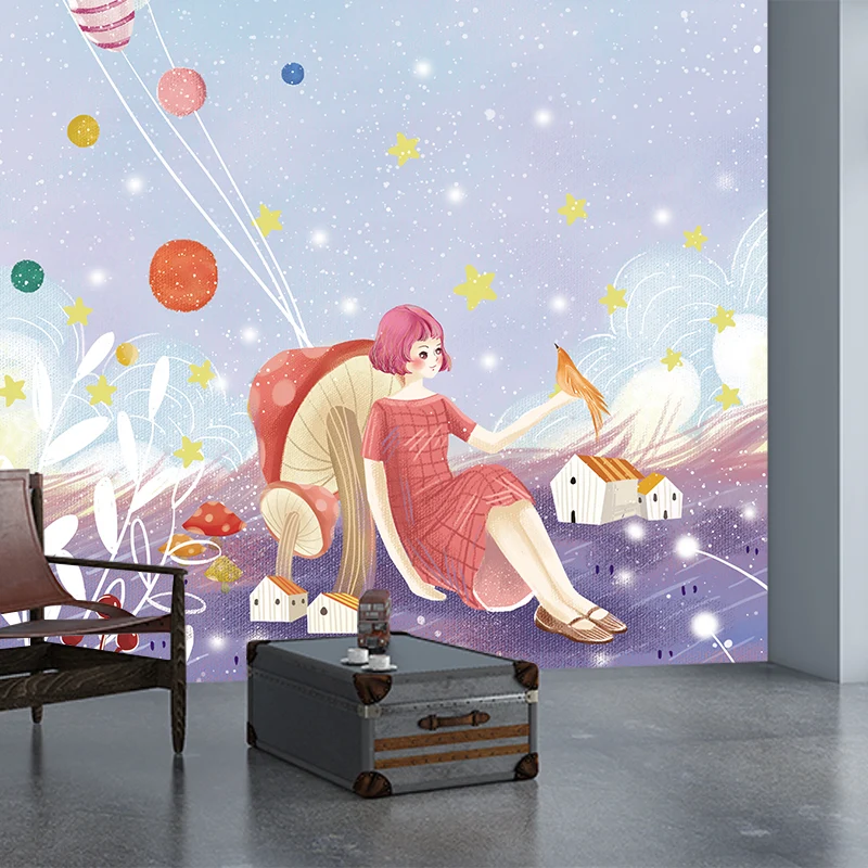 Whole Kids Style Mural Wallpaper Purple-Blue Girl Sit Against Mushroom Wall Art, Optional Size Purplish