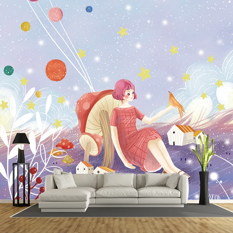 Whole Kids Style Mural Wallpaper Purple-Blue Girl Sit Against Mushroom Wall Art, Optional Size Purplish
