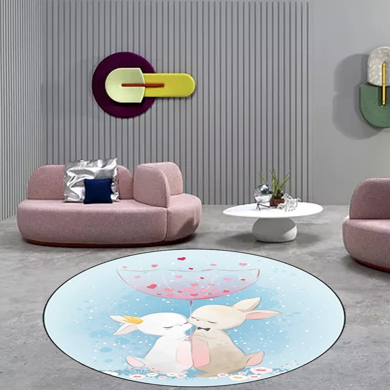 Blue and Blush Child's Room Rug Kids Animal Horse Rabbit Pattern Area Rug Polyester Non-Slip Backing Carpet Pink
