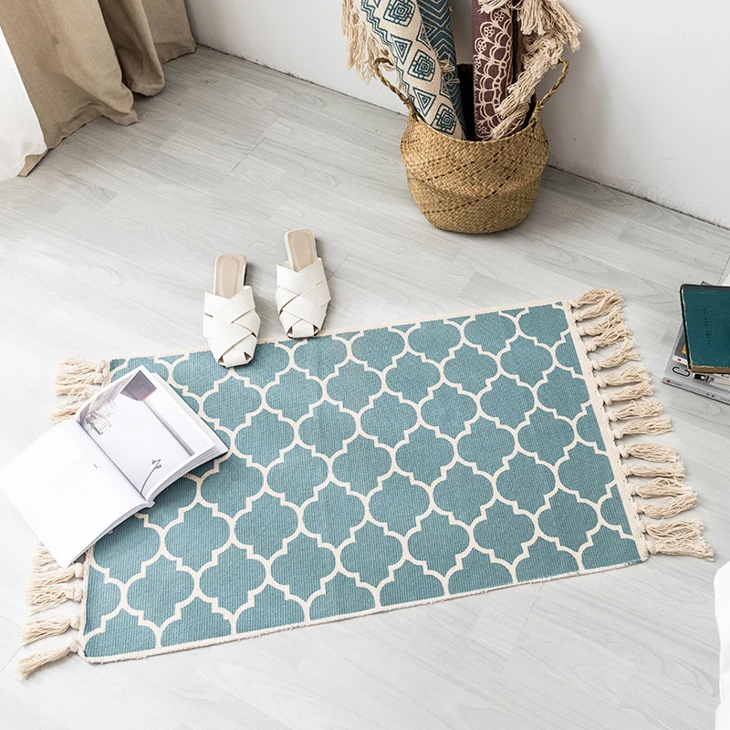 Boho chic slaapkamerkleed tapijt met veelkleurig geometrisch patroon Katoenen machinewastapijt met kwastjes