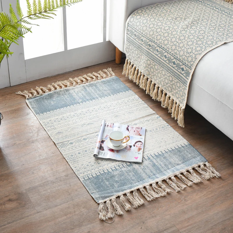 Boho chic slaapkamerkleed tapijt met veelkleurig geometrisch patroon Katoenen machinewastapijt met kwastjes
