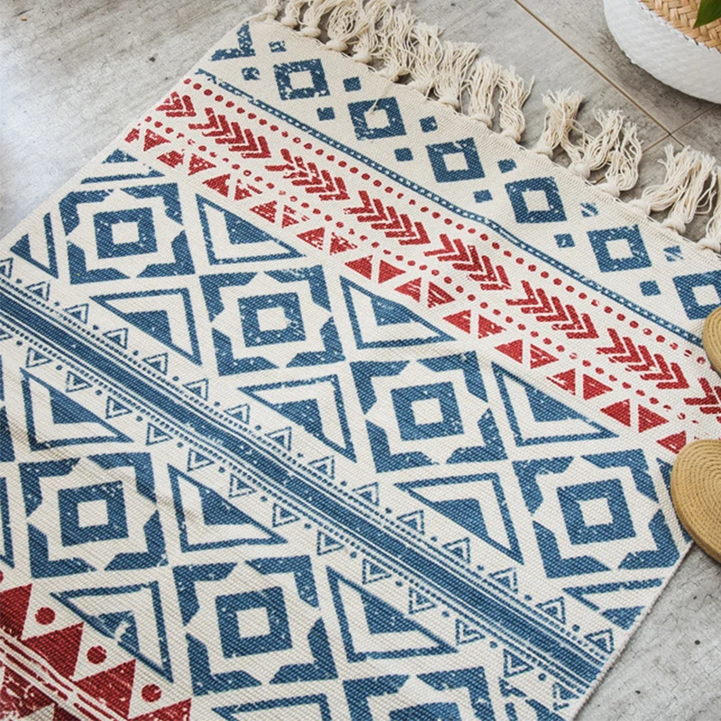 Boho chic slaapkamerkleed tapijt met veelkleurig geometrisch patroon Katoenen machinewastapijt met kwastjes