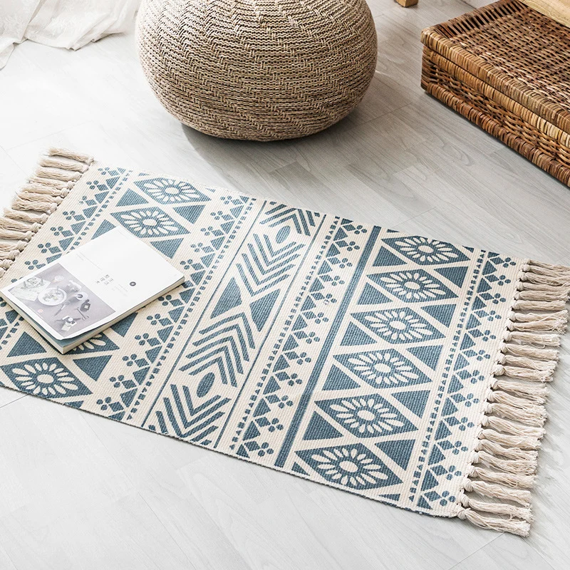 Boho chic slaapkamerkleed tapijt met veelkleurig geometrisch patroon Katoenen machinewastapijt met kwastjes