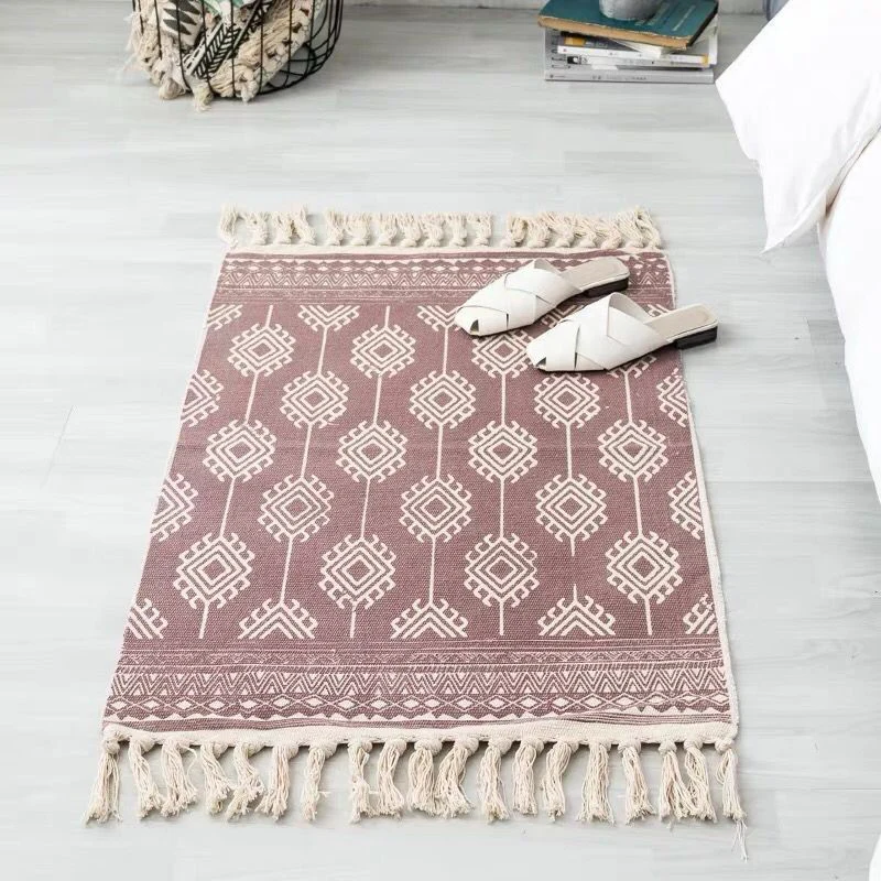 Boho chic slaapkamerkleed tapijt met veelkleurig geometrisch patroon Katoenen machinewastapijt met kwastjes