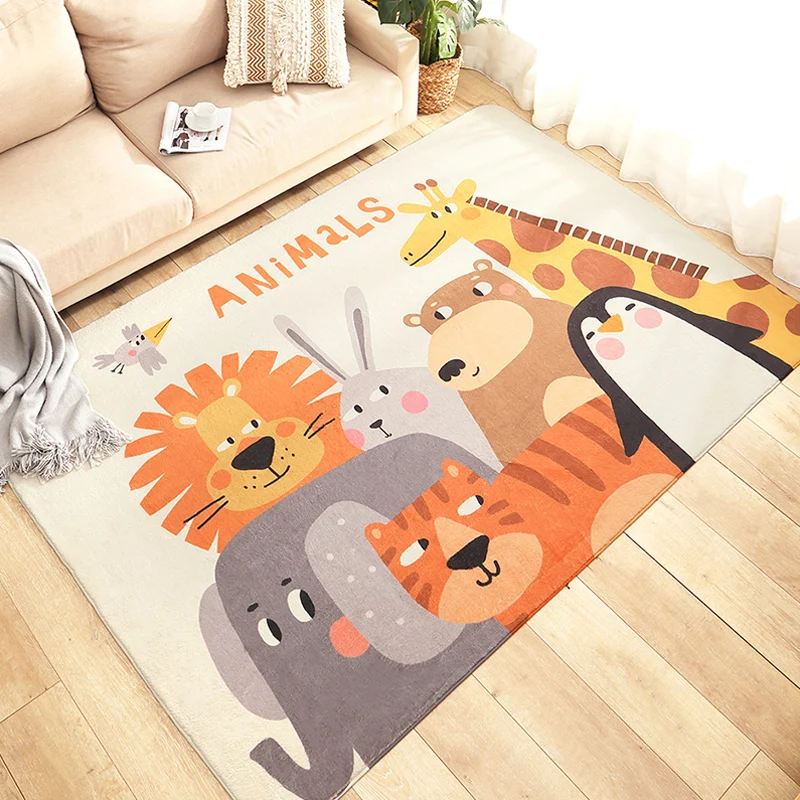 Cartoon Zoo Area Rug Multicolored Polyestertextiel Carpet Non-Slip Backing Stain Resistant Rug Kids Bedroom Yellow