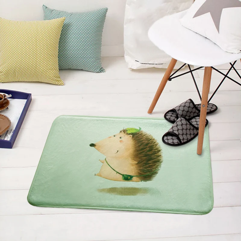 Green and Parelmoer Nursery Rug Kids Animal Hedgehog Pig Fox Pattern Area Rug Polyester Non-Slip Backing Carpet Green