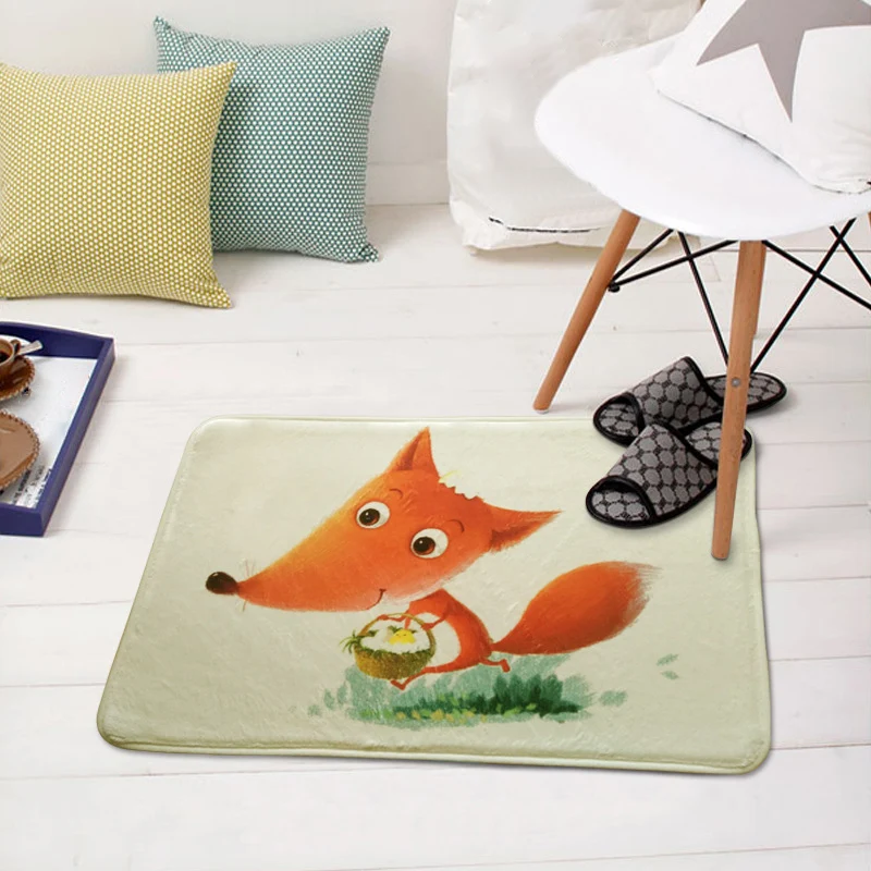 Green and Parelmoer Nursery Rug Kids Animal Hedgehog Pig Fox Pattern Area Rug Polyester Non-Slip Backing Carpet Green