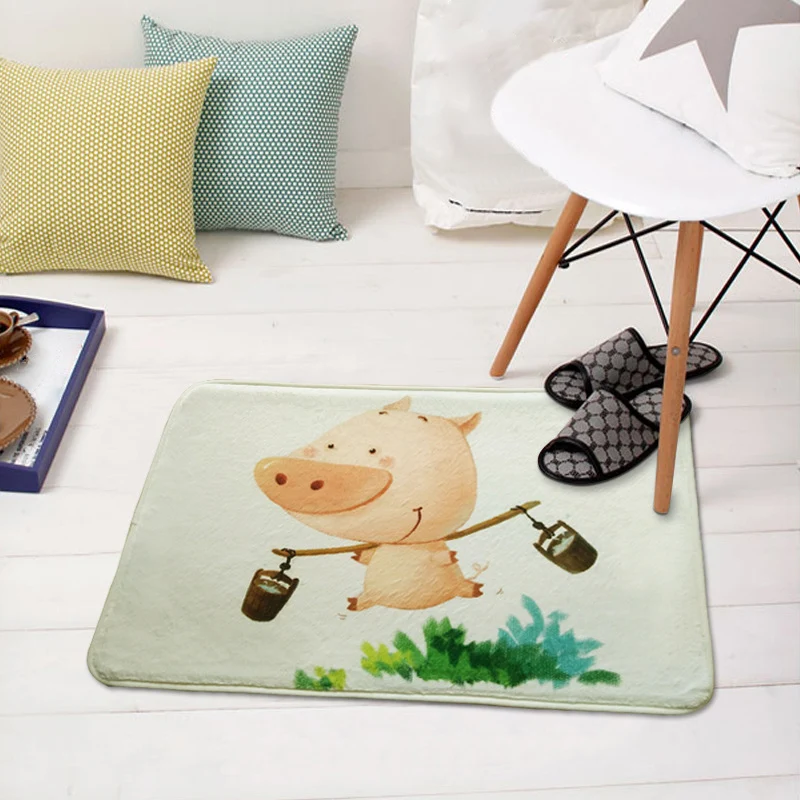 Green and Parelmoer Nursery Rug Kids Animal Hedgehog Pig Fox Pattern Area Rug Polyester Non-Slip Backing Carpet Green